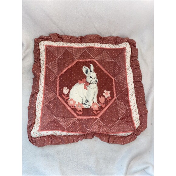 Rabbit Bunny pillow Case Quilted Vintage country Easter Ruffle 15x14 Spring - Picture 1 of 8